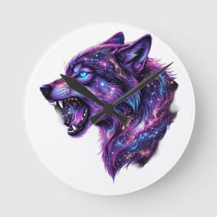 Horloge Ronde T-Shirt Graphique Loup Hurleur Galaxie Cosmique Cé
