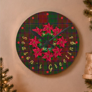 Horloge Ronde Tartan à carreaux rouges Poinsettia Noël