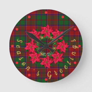 Horloge Ronde Tartan à carreaux rouges Poinsettia Noël