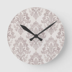 Horloge Ronde Taupe doux damas aquarelle floral classique