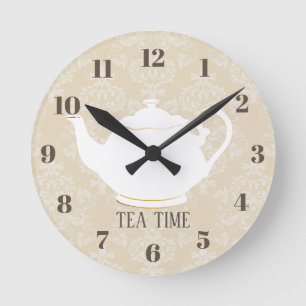 Horloge Ronde Tea Time Elegant Teapot Cream Damask