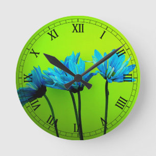 Horloge Ronde Teal Turquoise Daisies on Lime Green Flower