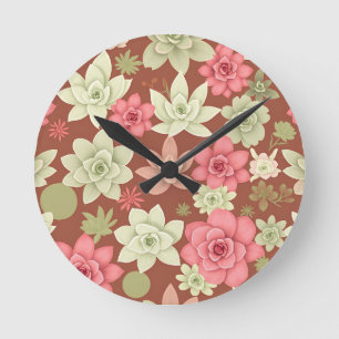 Horloge Ronde Terracotta Rose Pâle Succulent Echeveria Floral