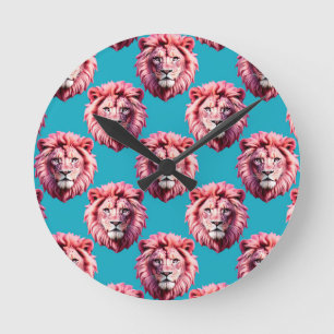 Horloge Ronde Tête de lion rose motif animal design bleu