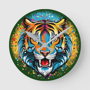Horloge Ronde Tête de tigre couleurs arc-en-ciel peinture taches