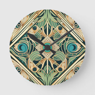 Horloge Ronde Texture des plumes abstraites or et vert paon