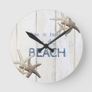 Horloge Ronde Texture en bois adorable, étoile de mer, plage