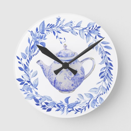 Horloge Ronde Théière bleue et blanche avec guirlande (Recto)