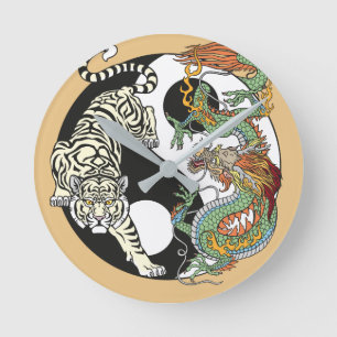 Horloge Ronde Tigre blanc contre dragon vert dans le Yin yang ou