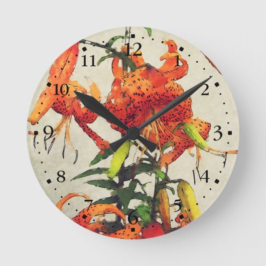 Horloge Ronde Tigre d'Aquarelle orange Lily 1 (Recto)