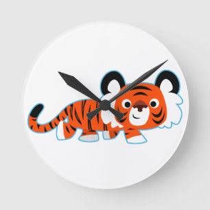 Horloge Ronde Tigre de dessin mignon sur l'horloge murale du pin