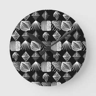 Horloge Ronde Tissu Tribal des Caraïbes en gras - noir et blanc,