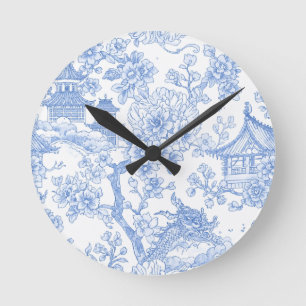 Horloge Ronde Toile de chinoiserie bleue Dragon Fleur de cerisie