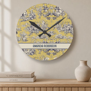 Horloge Ronde Toile de jouy monogramme floral lac jaune vintage