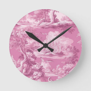 Horloge Ronde Toile de Jouy rose