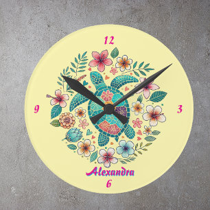 Horloge Ronde Tortue de mer Floral Boho École Bureau Nom Rond