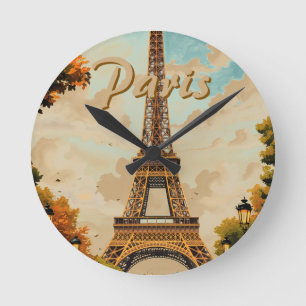 Horloge Ronde Tour Eiffel Paris Voyage Style Rétro Art Vintage