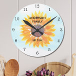 Horloge Ronde Tournesol aquarelle personnalisé<br><div class="desc">Cette horloge à fleurs est décorée d'un tournesol jaune aquarelle et d'un arrière - plan bleu ciel. Fait un cadeau parfait pour le ménage. Facile à personnaliser. Utilisez l'outil de conception pour modifier la taille, le style ou la couleur du texte. En créant notre oeuvre, vous ne trouverez pas cette...</div>