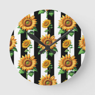 Horloge Ronde Tournesol Floral noir blanc rayures
