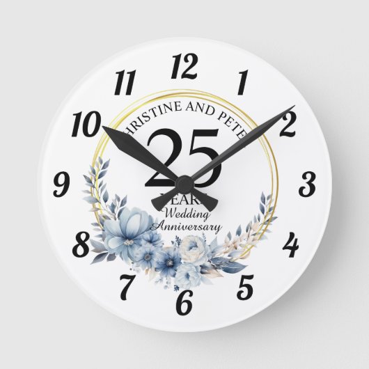 Horloge Ronde Tout mariage Élégant Bleu Floral Anniversaire (Recto)