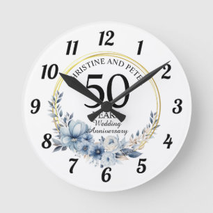 Horloge Ronde Toute élégante mariage (50) Bleu Floral Anniversai
