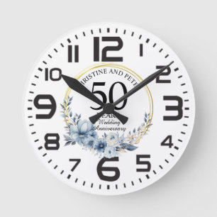 Horloge Ronde Toute élégante mariage (50) Bleu Floral Anniversai