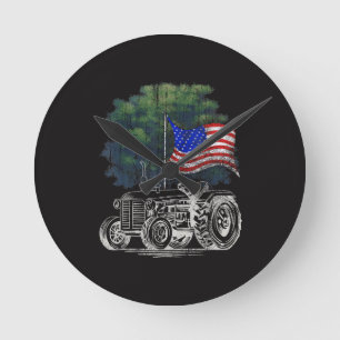 Horloge Ronde Tracteur agricole vintage Drapeau américain Patrio