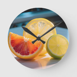 Horloge Ronde Tranches de Citron Vibrantes Grapefruit Citron Ver
