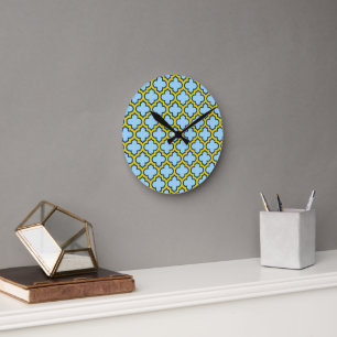 Horloge Ronde Trellis bleu et jaune, treillis, Quatrefoil