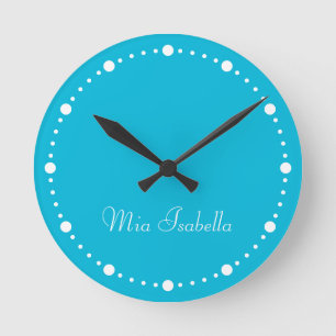 Horloge Ronde Trend Color Vivid Cyan White Dots Nom Round Clock
