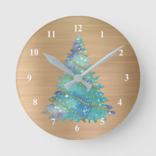Horloge Ronde Trendy Gold Teal Glitter Tree