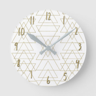 Horloge Ronde Triangles Dorés Chic Blanc Glamour Moderne