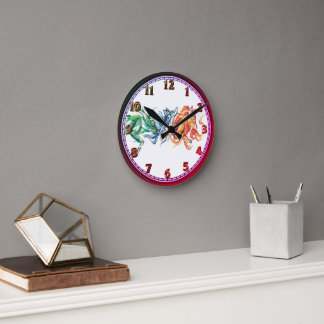 Horloge Ronde Trois loups d'aquarelle arc-en-ciel