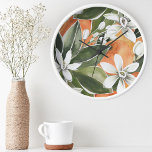 Horloge Ronde Tropcal Orange & Flowers Watercolor Pattern<br><div class="desc">Tropcal Orange & Flowers Watercolor Pattern</div>