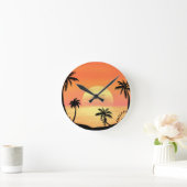 Horloge Ronde Tropical Beach Sunset Palm Tree Silhouette Art (Maison)