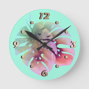 Horloge Ronde Tropical exotic green monstera leaves watercolor e
