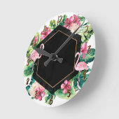 Horloge Ronde Tropical Leaves & Flamingos Black Gold Chic (Angle)