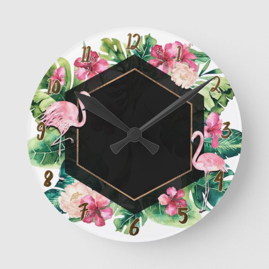 Horloge Ronde Tropical Leaves & Flamingos Black Gold Chic (Recto)