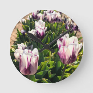 Horloge Ronde Tulipes à rayures blanches et violettes