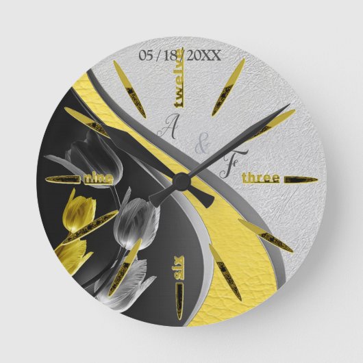Horloge Ronde Tulipes gris et jaune sur la texture. (Recto)