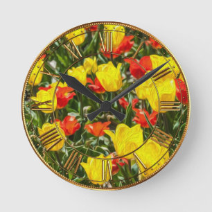 Horloge Ronde Tulipes rouges et jaunes