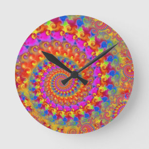 Horloge Ronde Turquoise et jaune de rose de motif de fractale de