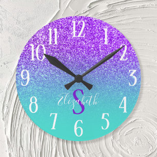 Horloge Ronde Turquoise et Violet Pailleté Ombré Monogrammé