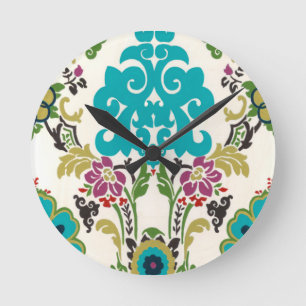 Horloge Ronde Turquoise florale de prune de motifs de damassé
