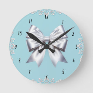 Horloge Ronde Turquoise œuf de merle bleu grand nœud blanc maria