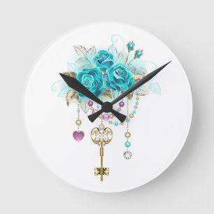 Horloge Ronde Turquoise Roses with Keys
