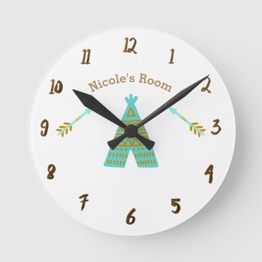 Horloge Ronde Turquoise Teal et rustique de tepee d'or (Recto)