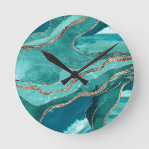 Horloge Ronde Turquoise Turquoise marbre Agate or Parties scinti