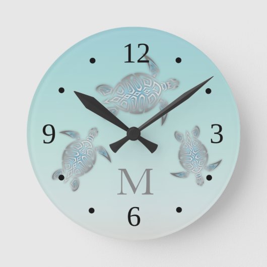 Horloge Ronde Turtles Beach Style Silver Turquoise Monogramme (Recto)