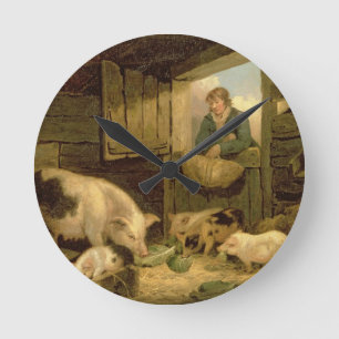 Horloge Ronde Un garçon regardant dans une étable de porc, 179
